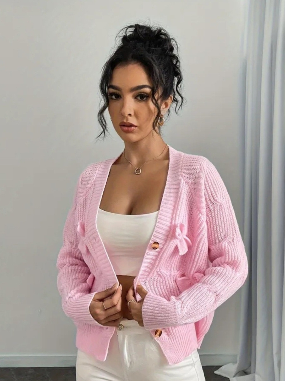 Soft Pink Knit Bow-Accent Women's Cardigan